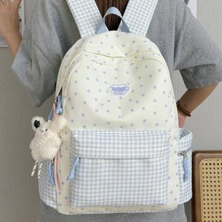 🎒星星印花後背包 韓系甜美雙肩包 學院風格紋書包 大容量學生背包 國高中生書包 女生後背包 出遊旅行背包 拼接雙肩背包