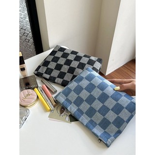 日系 簡約 小眾 可愛 手拿帆布包 化妝袋 收納袋 女 便攜式 保養品收納袋 刷具收納袋 格紋 拉鍊袋