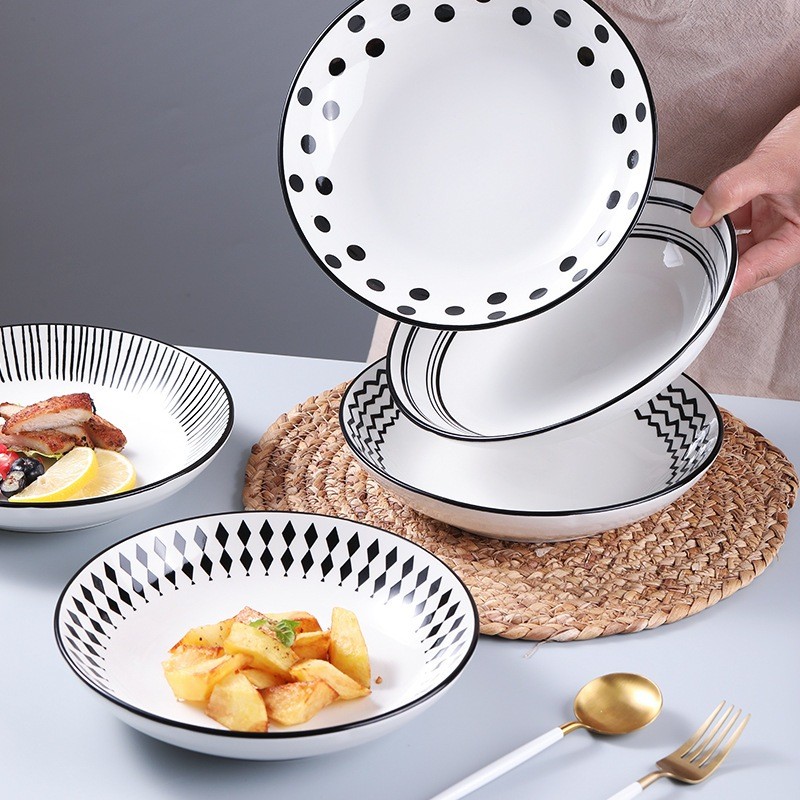 陶瓷 食藥署檢驗合格 北歐風 赫本風系列 輕奢 高級感 黑白 釉下彩 陶瓷盤 水果盤 圓盤 菜盤 螺紋盤 沙拉盤 牛排盤