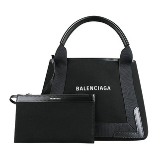BALENCIAGA經典印花LOGO帆布拼接牛皮Navy Cabas子母手提托特包(黑)