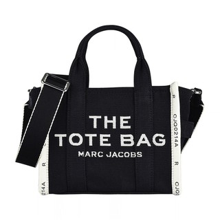 MARC JACOBS THE JACQUARD白字刺繡LOGO滾邊字母帆布手提斜背包(迷你/黑x白)