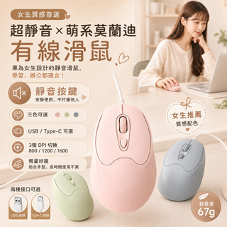 【台灣現貨】女生滑鼠 莫蘭迪有線滑鼠 靜音按鍵 67g輕量 USB Type-C 筆電電腦學生辦公室滑鼠 S109