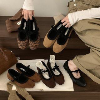 『Shoes oF Lady』時尚百搭日常休閒復古毛毛鞋女鞋 新款豆豆鞋蝴蝶結平底豹紋瑪麗珍鞋鞋子 春秋加絨新款鞋子