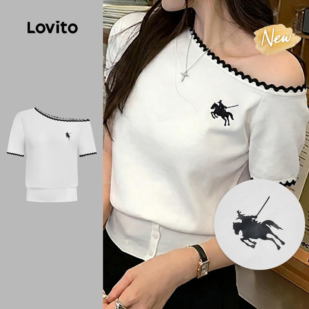 (New Arrival) Lovito 休閒T恤 圖案撞色荷葉領 春/夏 白色 T恤 女款 TSB199P2D753