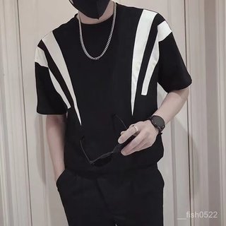 ✨川崎先生✨時尚潮牌痞帥拚接雙肩撞色條紋T恤上衣夏 修身上衣 t恤男 圓領短t 短袖上衣 印花t恤韓版夏季衣服 9TUF