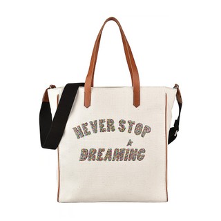 GOLDEN GOOSE NEVER STOP DREAMING黑字LOGO亮片設計帆布肩背斜背包(米)