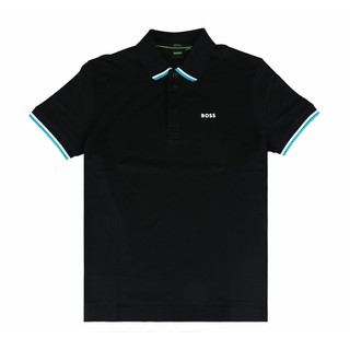 BOSS 純棉經典印花白字LOGO條紋滾邊POLO衫(男款/黑)