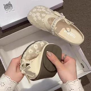 『Shoes oF Lady』新款上新 蝴蝶結珍珠 蕾絲網面 外穿包頭 半拖鞋 女鞋 時尚百搭 不累腳平底 孕婦 涼拖鞋