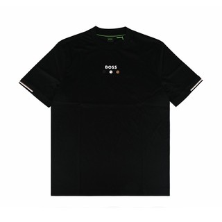 BOSS 純棉膠囊系列印花白字LOGO網球設計圓領短袖T恤(男款/黑)