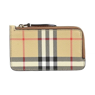 BURBERRY 皮章內嵌金字LOGO格紋PVC拼牛皮4卡拉鍊零錢卡夾包(米棕)