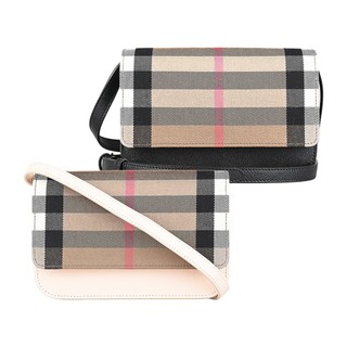 BURBERRY 內燙金LOGO多色格紋帆布拼小牛皮釦式斜背包(迷你/多色)