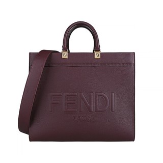 FENDI Sunshine浮雕字母LOGO荔枝紋設計牛皮手提肩背包(酒紅)