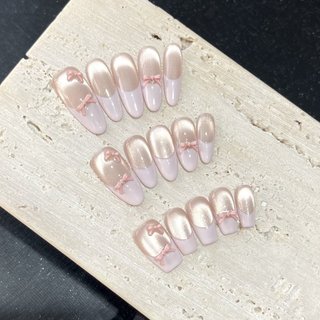 💕加一出品💕粉金芭蕾法式皮粉顯白溫柔少女格紋心事少女貓眼純手工穿戴美甲精緻穿戴甲 4WEL
