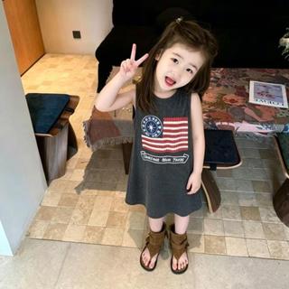 Mimo⭐背心簡約純色圖案印花無袖連衣裙兒童休閒女寶夏季連衣裙