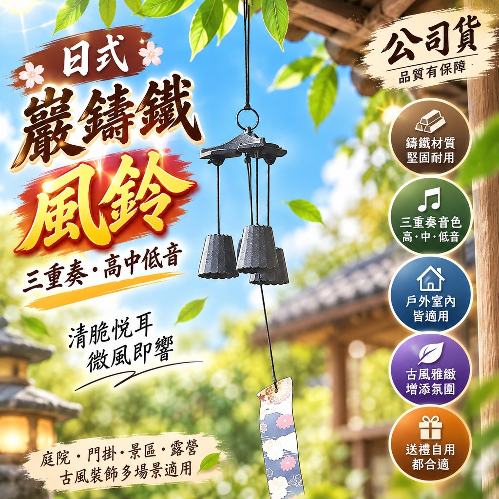 露營風鈴 日式鑄鐵風鈴 三重奏高中低音 古風裝飾 風鈴吊飾 露營裝飾 庭院 戶外室內 門掛飾 果殼風鈴 日本風鈴