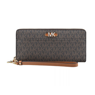 MK MICHAEL KORS PARKER立體金字LOGO緹花PVC 16卡拉鍊手拿長夾(橡子棕x深褐)