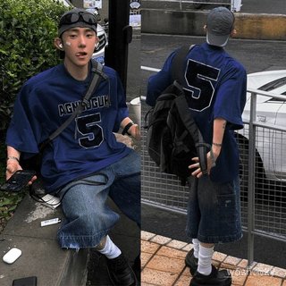 ✨川崎先生✨春秋美式T恤 100%純棉hiphop 潮牌數字印花 短袖T恤男 夏季歐美式嘻哈風 百搭上衣 美式復古上衣