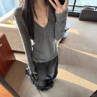 臺灣出貨~V領毛衣 YOLO SHP 灰色羊駝毛高比例氣質V領百搭針織毛衣修身打底衫上衣 HGGS