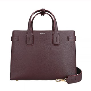 BURBERRY BANNER經典金字LOGO設計牛皮拼重疊格紋棉帆布手提斜背包(大/深酒紅x米)