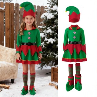 女孩聖誕精靈服裝豪華聖誕老人助手套裝角色扮演服裝帶精靈帽子襪子鞋