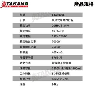 日本 TAKANO 高野 8000W 汽油發電機 四行程 電啟動+拉繩 ETA8000E