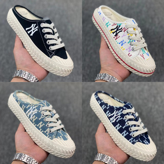 【韓國代購】現貨/預購 MLB 新款 NY 半拖餅乾帆布鞋 滿印老花刺繡 一腳蹬 懶人休閒半拖女鞋 正品