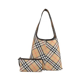 BURBERRY 經典米色斜格紋帆布設計搭小牛皮飾邊肩背子母包(經典米)