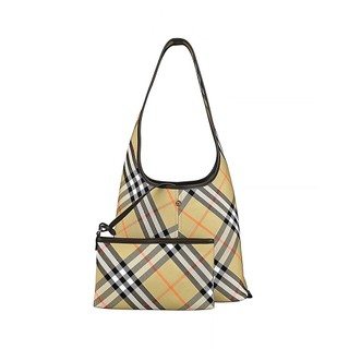 BURBERRY 騎士金釦LOGO棉質搭小牛皮飾邊壓扣肩背子母包(米沙棕)