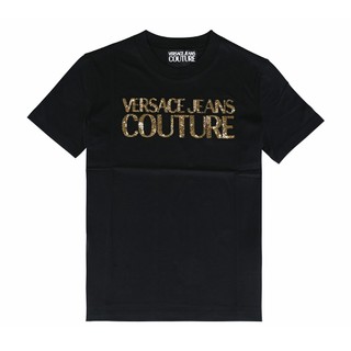 VERSACE JEANS 純綿內布標白字LOGO亮片字母設計短袖T恤(女款/黑)
