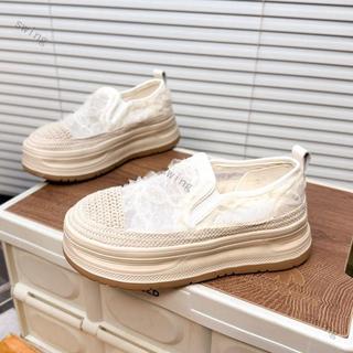 下殺價✨ 韓式蕾絲花朵瑪麗珍鞋女2026夏季厚底內增高淺口單鞋一腳蹬樂福鞋 swing