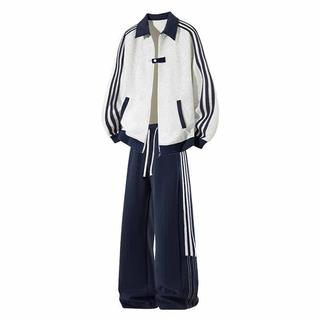 【美式休閒運動套裝】秋季拼接條紋棒球外套 兩件式套裝 大碼胖mm 休閒運動裝 酷帥穿搭 休閒套裝