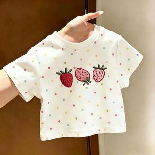 Mimo⭐兒童夏季仿刺繡印花可愛草莓卡通短袖T恤男女童百搭波點上衣