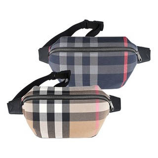 BURBERRY Sonny 內印字LOGO格紋帆布滾邊牛皮拉鍊胸掛腰包(多色)