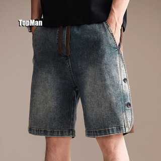TopMan 牛仔短褲男 豎排2粒鈕扣撞色拼接復古休閒短褲 黑灰 藍色 五分褲 男生短褲