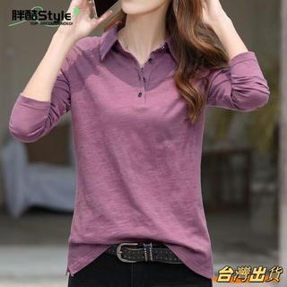 胖酷Style-M-4XL 純棉長袖T恤女韓版百搭POLO領打底衫 大尺碼上衣 長袖上衣 上衣女 翻領上衣 POLO領上