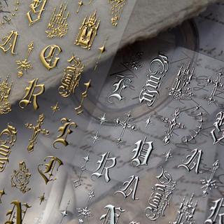💐免運💐臺灣有貨💐可開票💐歐美復古哥特字母美甲貼紙tomoni暗黑十字架哥特印象金屬背膠指甲