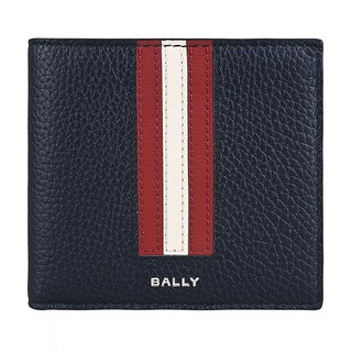 BALLY 燙印標誌LOGO紅白紅垂直線條粒面小牛皮8卡短夾(海軍藍)