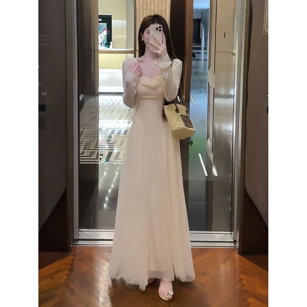 💖台灣出貨💖 細肩帶長洋裝兩件式套裝女 顯瘦遮手臂 2026夏季新款 法式氣質長袖防曬罩衫 渡假約會 輕薄罩衫 修身洋裝