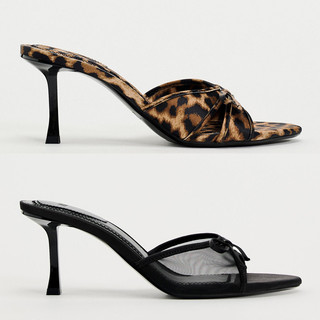 【shoes鞋魔】出口西班牙訂單 ZA2026春夏新品TRF女鞋 蝴蝶結裝飾網眼面料魚嘴女拖鞋 黑色高跟歐美風豹紋涼拖鞋