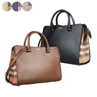 BURBERRY BANWELL 燙金LOGO牛皮側邊拼格紋帆布手提肩背斜背包(多色)