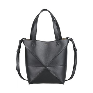 LOEWE Puzzle Fold燙金LOGO立體摺疊設計小牛皮內襯麂皮開放式手提斜背托特包(迷你/黑)