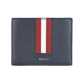 BALLY Ribbon 字母銀箔LOGO小牛皮紅白交錯內搭尼龍6卡對折短夾(男款/午夜藍)
