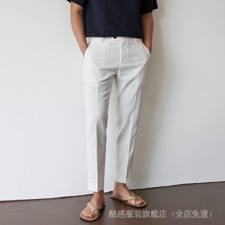 臺灣出貨 免運 棉麻褲男 亞麻西褲男白色棉麻料九分褲男士休閒褲透氣西裝褲子直筒大碼