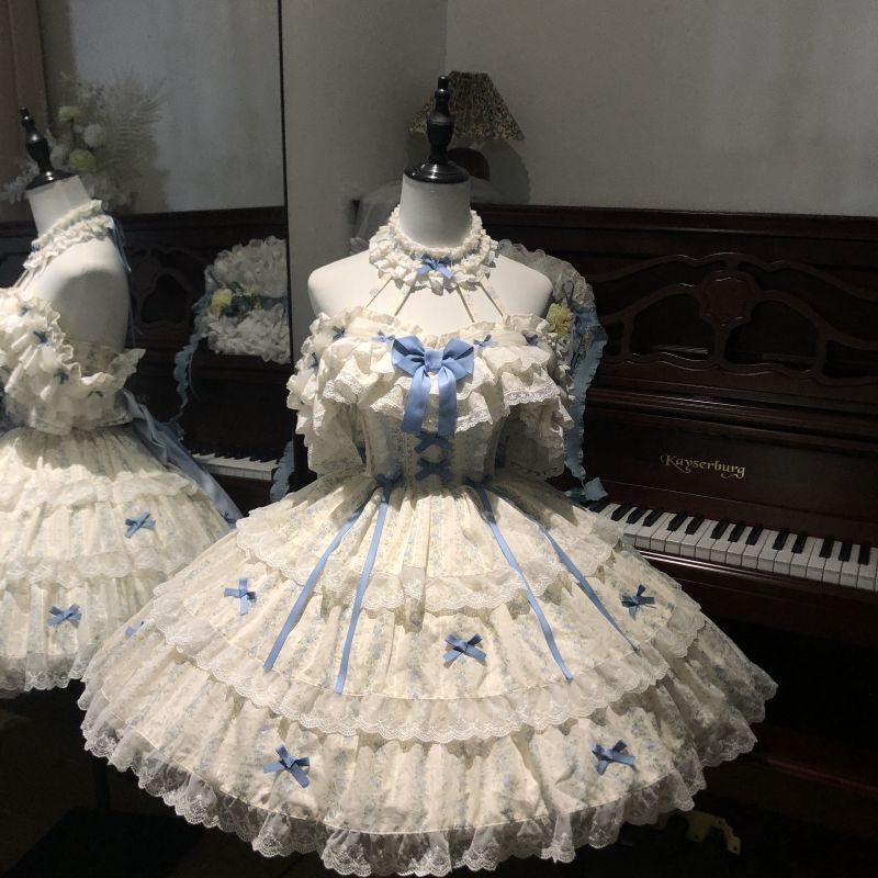 lolita Lolita 洛麗塔裙 原創 新款漁漁家原創新款原創藍色碎花裙Lolita(包含拖尾頭飾 掛脖不可拆