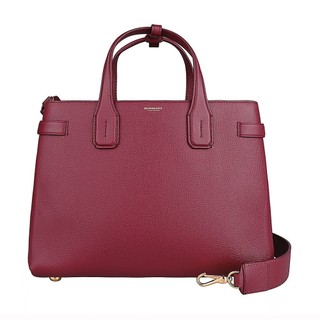 BURBERRY BANNER燙印金字LOGO細粒面設計牛皮拼格紋帆布手提斜背包(大/赤紅x米)