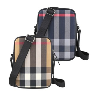 BURBERRY Paddy 內燙銀漆LOGO格紋棉織布拼牛皮拉鍊長方斜背包(多色x灰x黑)