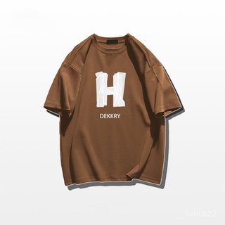 ✨川崎先生✨美式圓領潮牌ins拚色字母印花T恤咖 修身上衣 短袖T-shirt男 t恤男韓版夏季衣服 圓領短t 短袖上衣