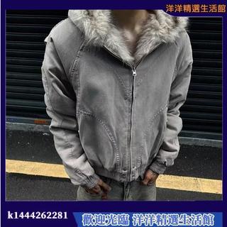 美式復古座山雕毛領加絨外套男 冬季cleanfit短版連帽棉衣 男生冬天保暖外套 大帽子連帽外套 短款外套 保暖外套
