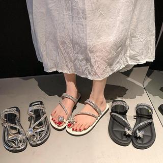 『Shoes oF Lady』蝴蝶結夾趾軟底平底涼拖鞋女鞋 時尚法式拖鞋女鞋鞋子 外穿新款水鑽百搭通勤女鞋