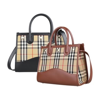 BURBERRY Title內裡燙金LOGO都市格紋設計帆布拼小牛皮釦帶式手提斜背包(兩色)